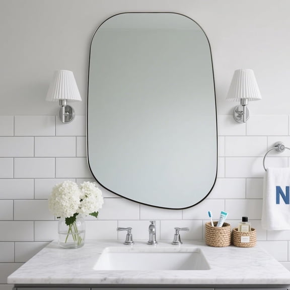22"x30" Chrome Bathroom Mirror, Irregular Wall Mirror in Stainless Steel Metal Frame, Modern Polished Chrome Finish with Curved Edge Design, Wall-Mount Vertically or Horizontally
