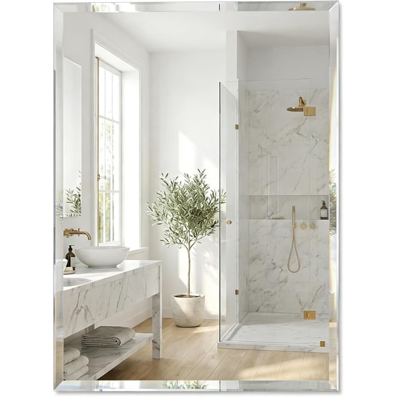 22"x30" Frameless Rectangular Bathroom Mirror, Beveled Vanity Mirror with Solid Backing, Flush Mount Wall Mirror for Over Sink, Bedroom & Closet, Vertical or Horizontal