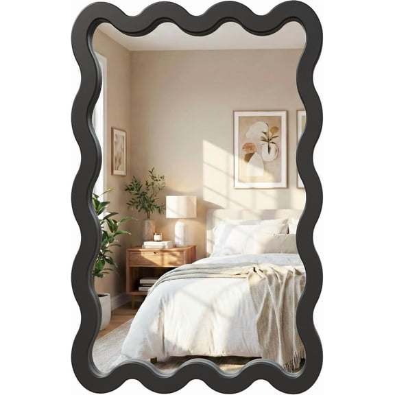 22"x30" Matte Black Wavy Wall Mirror for Powder Room & Vanity, Solid Wood Squiggle Mirror, Small Asymmetrical Irregular Mirror, Funky Aesthetic Decor, Vertical/Horizontal