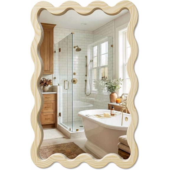 22"x30" Wood Wavy Wall Mirror for Powder Room, Solid Wood Squiggle Mirror for Vanity, Small Asymmetrical Irregular Mirror, Natural Wooden Boho Aesthetic Decor