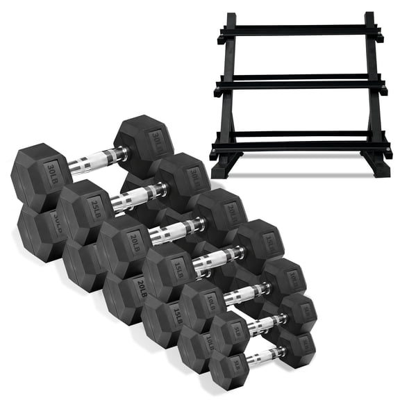 220 LBS Rubber Hex Dumbbell Set with Storage Rack – Home Gym Equipment for Strength Training, Exercise & Fitness, Non-Slip Durable Weight Set