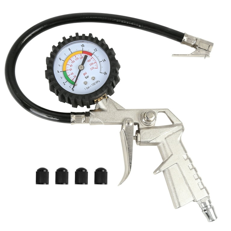 Car Tire Inflator Air Pressure Gauge 220 PSI with Lock On Chuck Rubber Hose Car Tire Inflator Air Pressure Gauge 220 PSI with Lock On Chuck Rubber Hose