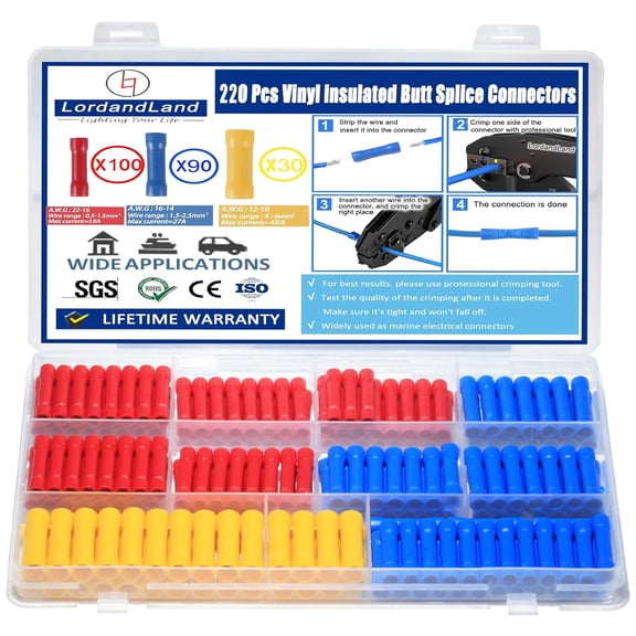 220 Pcs Butt Splice Connectors Kit 22-10 AWG Electrical Crimp Terminal Connector Kits Assorted Butt Splice Crimp Connectors Wiring Straight Crimps Terminals for 22,20,18,16,14,12,10 Gauge Wires