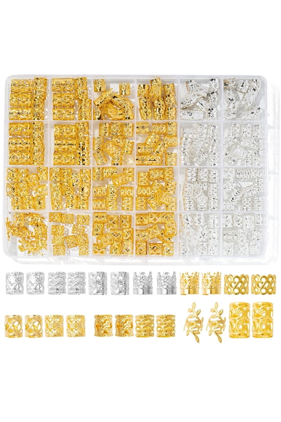 220 Pcs Gold Hair Jewelry for Braids, 12 Styles Gold and Silver Hair Accessories Cuff for Braids and Dreadlocks, Adjustable Metal Rings Cuffs Clips for Dreadlock Accessory, Hair Decorations Kit