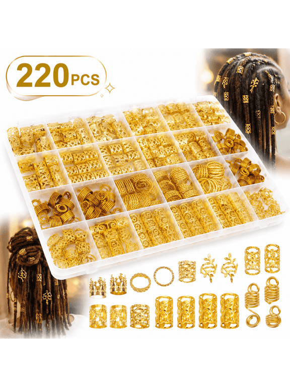220 Pcs Gold Hair Jewelry for Braids, Loc Jewelry for Hair Dreadlock, Loc Charms for Women, Metal Gold Braids Rings Cuffs Clips for Dreadlock Accessories Clip Braids Extensions Decorations