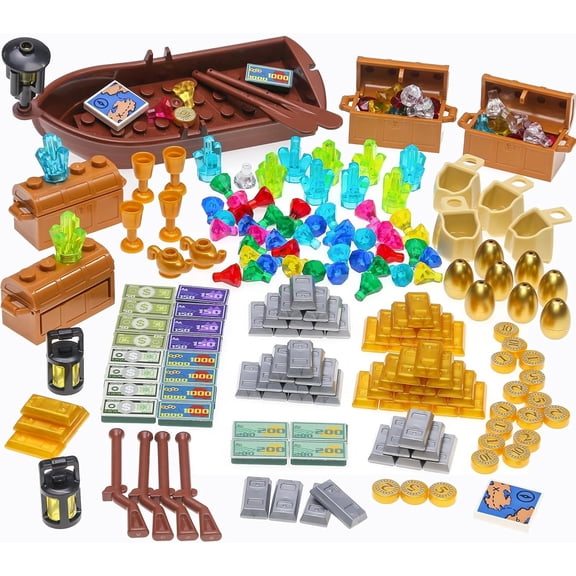 220 Pcs Pirate Treasure Money Parts Building Blocks, Expedition Wooden Boats Treasure-Maps, Cash Chests with Gold Nuggets, Pretend Play Dollar for Friends City Farm Series Bricks