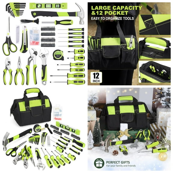220-Piece Home Tool Set, Household Repairing Tool Kit, with 12-Inch Wide Mouth Open Storage Tool Bag, Green