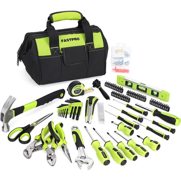 220-Piece Home Tool Set, Household Repairing Tool Kit, with 12-Inch Wide Mouth Open Storage Tool Bag, Green