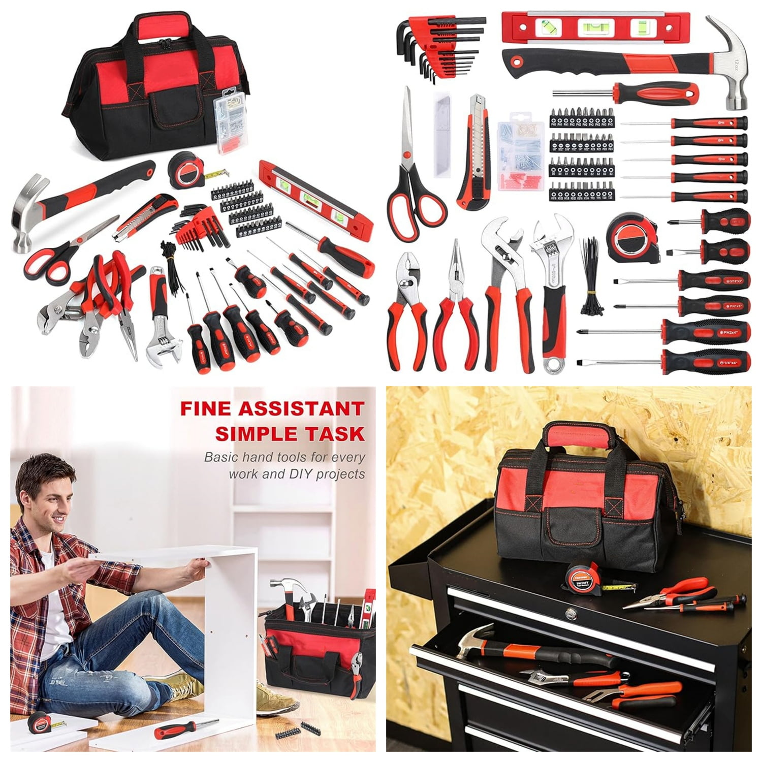 220-Piece Home Tool Set, Household Repairing Tool Kit, with 12-Inch Wide Mouth Open Storage Tool Bag, Red