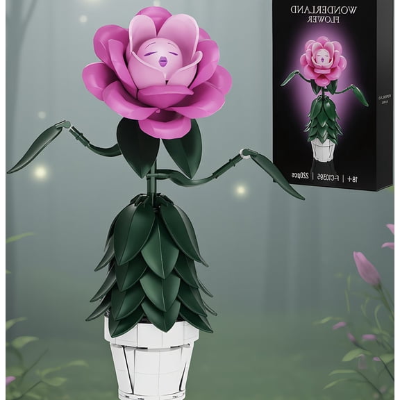 220-Piece Pink Flower Building Block Set, Botanical Model Kit with Expressive Face Design, Display Pot Included, 11.1 x 8.5 x 6 In