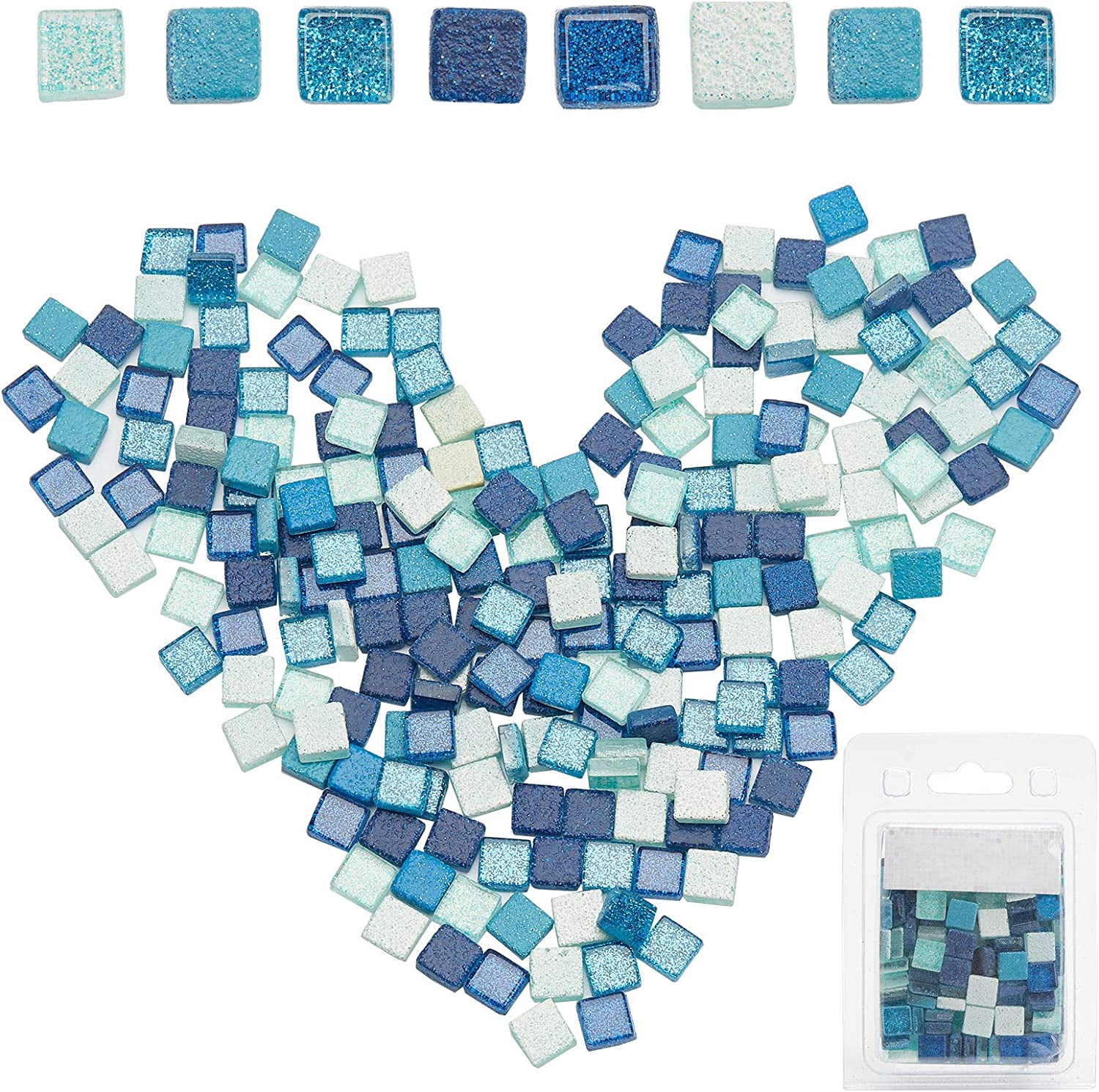 220 Pieces Mosaic Tiles Glass Glitter Mosaic Square Shape Stained Glass Pieces for DIY Crafts Kitchen Shower (Blue 10 X 10mm) DIY