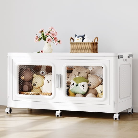 Broview 220QT Stackable Storage Bins with Lids - Large Collapsible Storage Bins for Cloth Closets, Folding Storage Cabinet Containers, Plastic Storage box with Doors and Wheels For Home, 1 Pack Cube