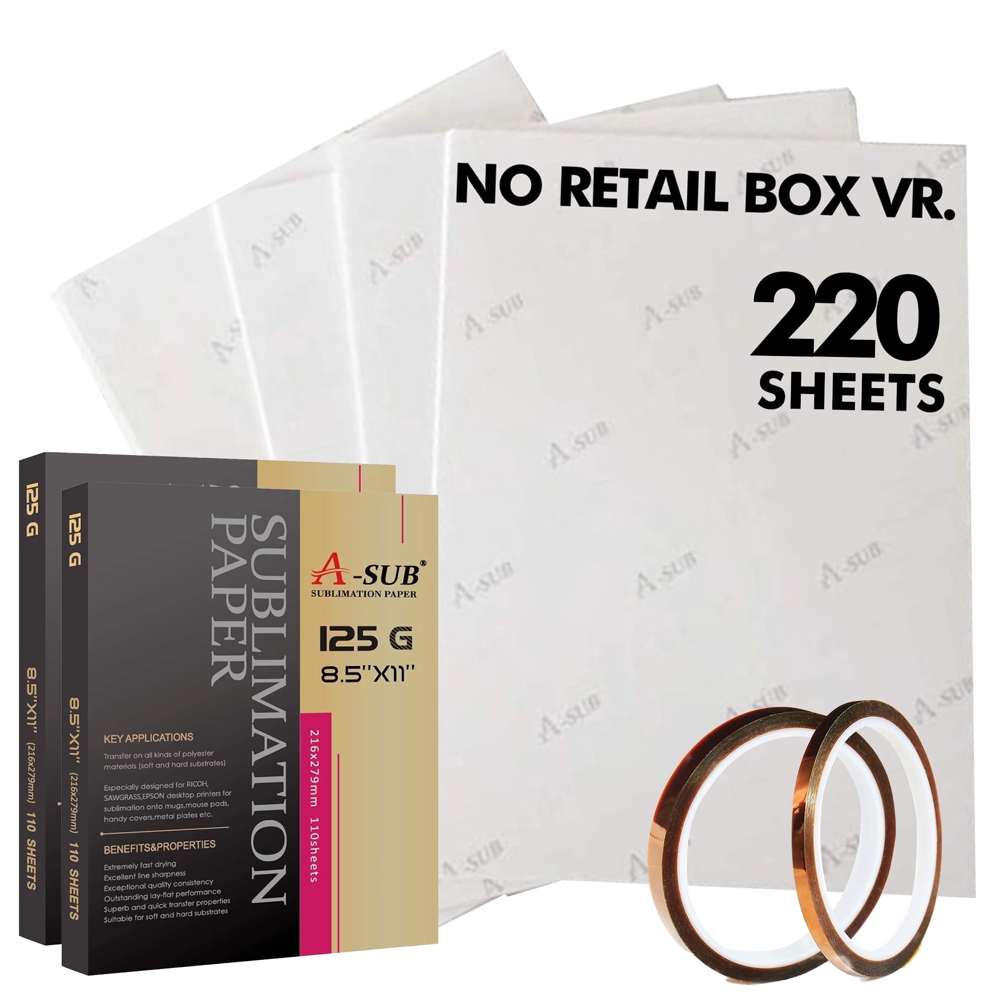 220 Sheets A-SUB Sublimation Paper 8.5X11 inch 125gsm No Box + 2 Rolls Heat Transfer Tapes for Inkjet Printer DIY Gift