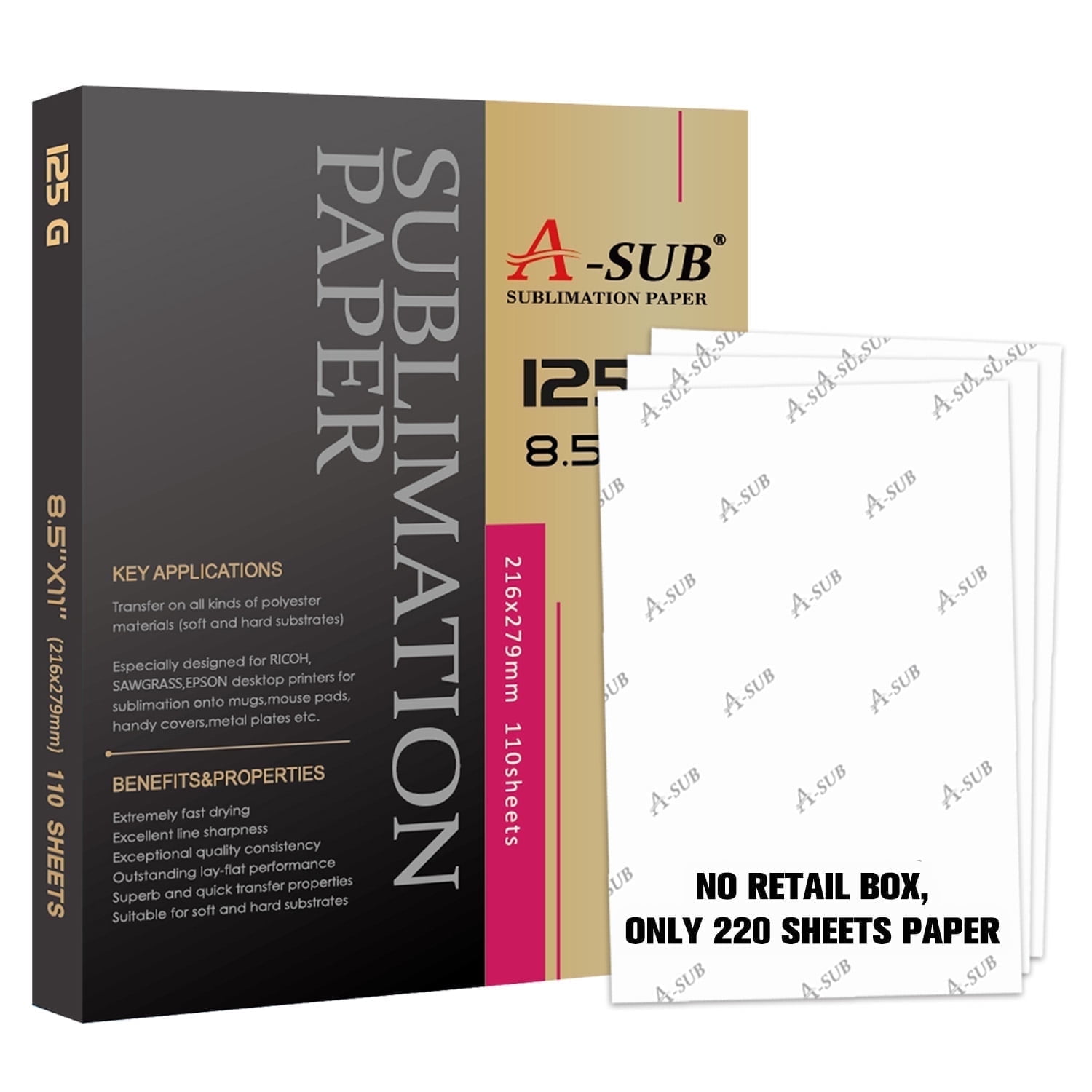 220 Sheets A-SUB Sublimation Paper 8.5X11 inch 125gsm, No Box Version, Sublimation Paper Heat Transfer for Inkjet Printer