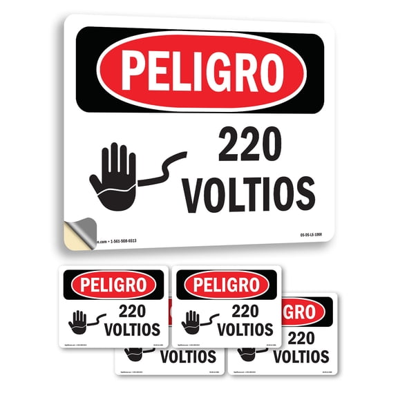 220 Volts Spanish OSHA Danger Vinyl Decal Label 7 Inch x 5 Inch - 5 Pack