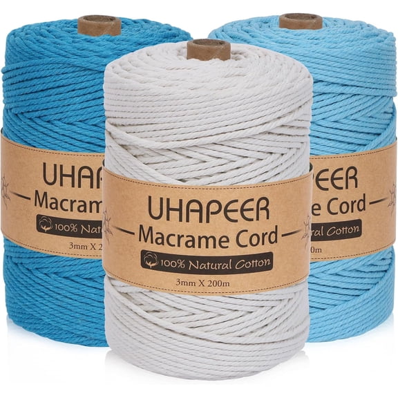 220 Yards x 3mm Macrame Cord, Natural Cotton Cord, White and Blue | Macrame Supplies Macrame Rope for Crafts, 100% Cotton Yarn Macrame Yarn for DIY Knitting, Plant Hangers, Wall Hanging Decor