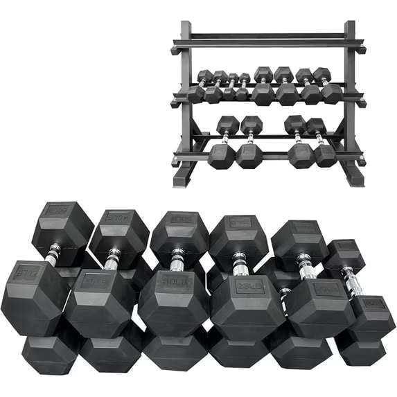 220 lbs Rubber Hex Dumbbell Set with Rack (5-50 lbs) - Home Gym Fitness, Space Saving Strength Training Equipment for Men Women - Build Muscle, Get Fit