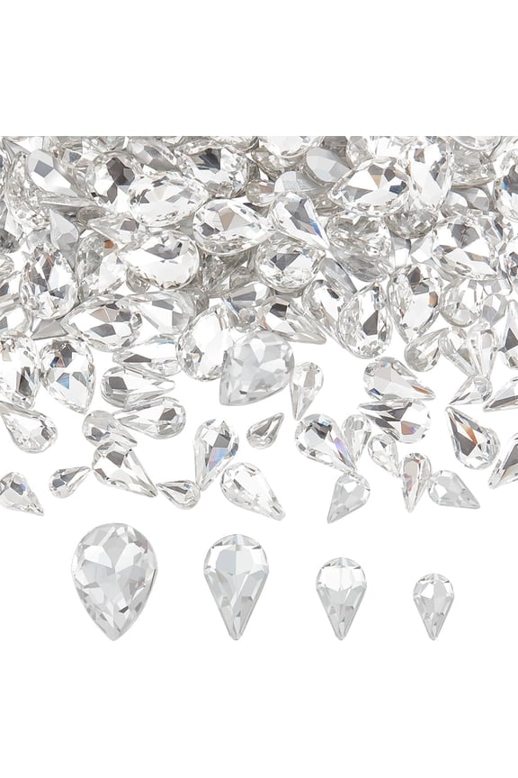 220 pcs Mini Teardrop Glass Rhinestones 4Sizes Faceted Pointed Back Rhinestone No Hole Clear Glass Rhinestones Small Gems Jewelry Embellishments with Silver Plated Back for DIY Glass Rhinestone