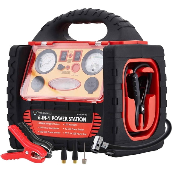 2200 Amp Car Jump Starter with Air Compressor,Portable Power Station with 260 PSI Tire Inflator,400W Power Inverter Dual AC/DC Ports,2.1A USB Port,Battery Clamps