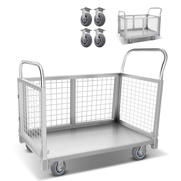 2200 LBS Heavy Duty Foldable Platform Truck Cart with Cage, 4-in-1 Convertible Utility Cart with 360 Swivel Rubber Wheels, Thickened Steel Mesh Rolling Cart for Warehouse and Garage