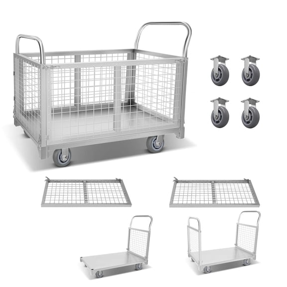2200 lbs Heavy Duty Wire Mesh Cart, Stainless Steel, 40.1" x 23.2" x 37.7", 4-in-1 Convertible, Folding Cage Cart with 360 Wheels, for Warehouse, Garage, Market