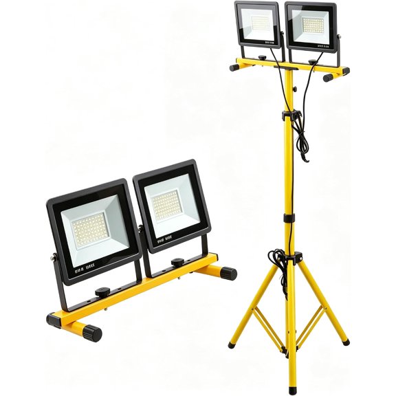 22000 Ln Work Lights with Stand, 2 Adjustable Head LED Work Light, with Adjustable and Foldable Tripod Stand, Waterproof Lamp with Individual Switch with 6500 Kelvin Color Temperature