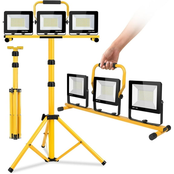 22000 Lumen Work Lights with Stand, 3 Adjustable Head LED Work Light, with Adjustable and Foldable Tripod Stand, Waterproof Lamp with Individual Switch with 6500 Kelvin Color (3-Head)