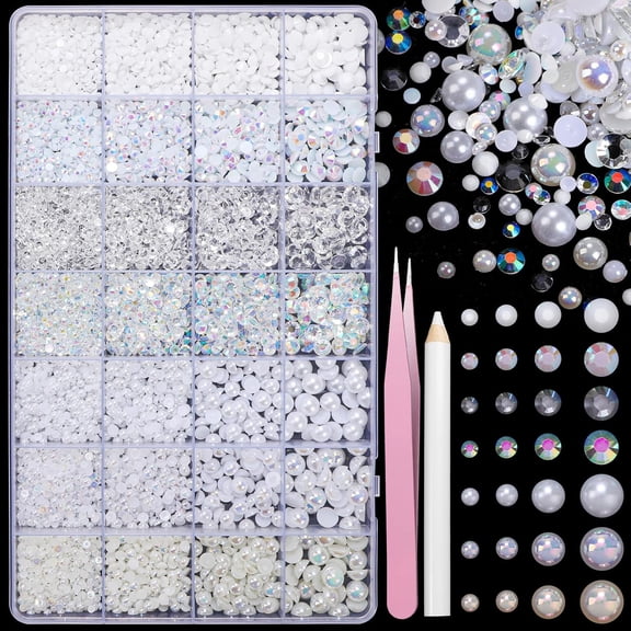 22000 Pcs White Flatback Pearls and Rhinestones for Crafting, Resin Rhinestones Gems Pearls for Bedazzling, Mixed Size 3-6mm Half Pearl Gems for Nails Face Eyes Makeup Bottles Shoes DIY Crafts