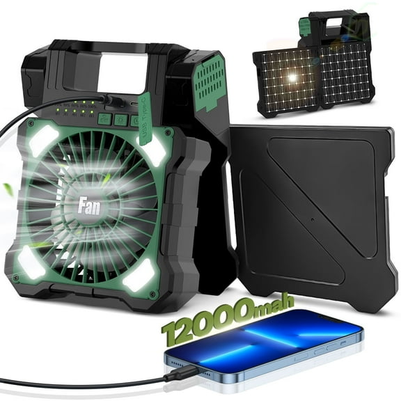 Andizun 22000mAh Camping Solar Fan, Dual-Panel Rechargeable Solar Powered Fan with LED Light, 5 Adjustable Speeds Battery Powered Portable Fans, USB-C Fans for Travel Tent Home Camping Accessories