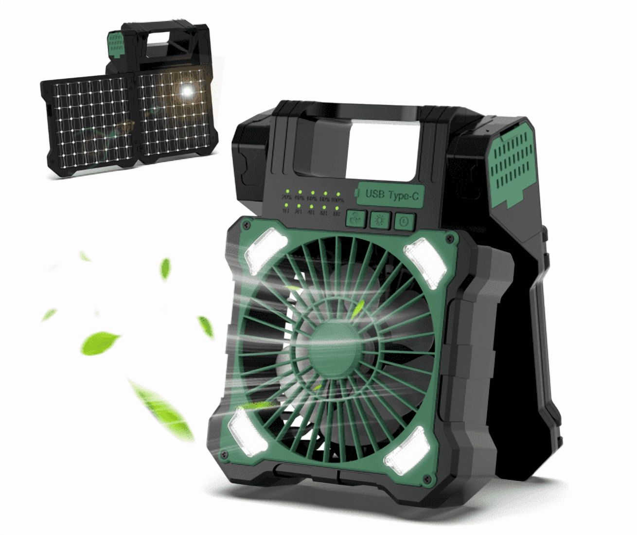 Andizun 22000mAh Camping Solar Fan, Dual-Panel Rechargeable Solar Powered Fan with LED Light, 5 Adjustable Speeds Battery Powered Portable Fans, USB-C Fans for Travel Tent Home Camping Accessories