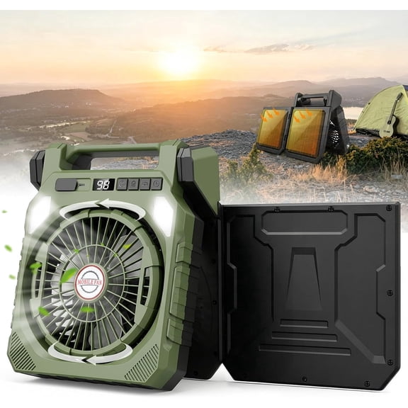 22000mAh Portable Camping Fan with Dual Solar Panels, 10" Rechargeable Battery Operated Tent Fan with LED Lantern & Arc Flashlight, 180 Oscillating Outside Fan & Power Bank for Camping, Fishing