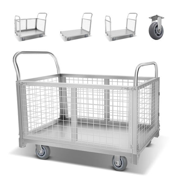 2200LBS Heavy Duty Trolley, 4-in-1 Stainless Steel Trolley with Removable Wire Mesh Net Cage for Warehouse Moving