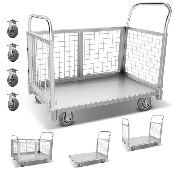 2200LBS Heavy Duty Trolley, Stainless Steel Platform Trolley with Double Handles & Wire Mesh Net Cage for Warehouse Use