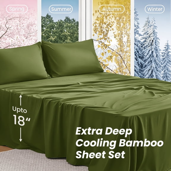 2200TC Ultra Thick Cooling Bamboo Fiber Bed Sheet Set, 18 Inch Deep Pocket, Wrinkle Fade Shrink Resistant, Ultra Soft Breathable All Season Cooling Bed Sheets, Machine Washable Bedroom Bedding Gift