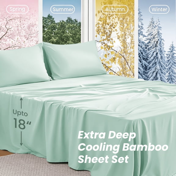2200TC Ultra Thick Cooling Bamboo Fiber Bed Sheet Set, 18 Inch Deep Pocket, Wrinkle Fade Shrink Resistant, Ultra Soft Breathable All Season Cooling Bed Sheets, Machine Washable Bedroom Bedding Gift