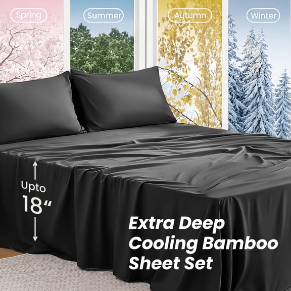 2200TC Ultra Thick Cooling Bamboo Fiber Bed Sheet Set, 18 Inch Deep Pocket, Wrinkle Fade Shrink Resistant, Ultra Soft Breathable All Season Cooling Bed Sheets, Machine Washable Bedroom Bedding Gift
