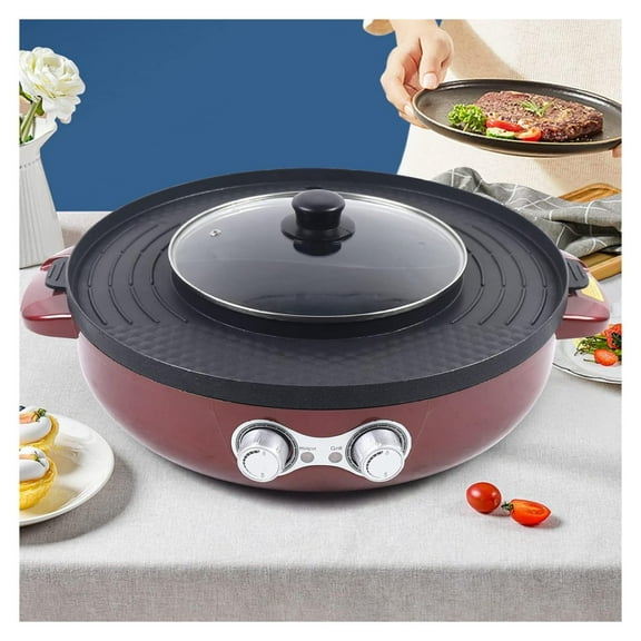 2200W 2 in 1 Smokeless Grill and Hot Pot BBQ Grill Pot 110V Household Electric Grill, Barbecue Plate Multi-function Smokeless Shabu Korean BBQ Grill for Simmer, Boil, Fry, Roast (Red)