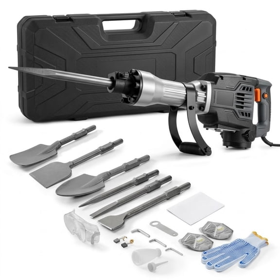 2200W Electric Demolition Jack Hammer, 1350 BPM Heavy Duty Concrete Breaker with 6 Chisels and Carrying Case, Black