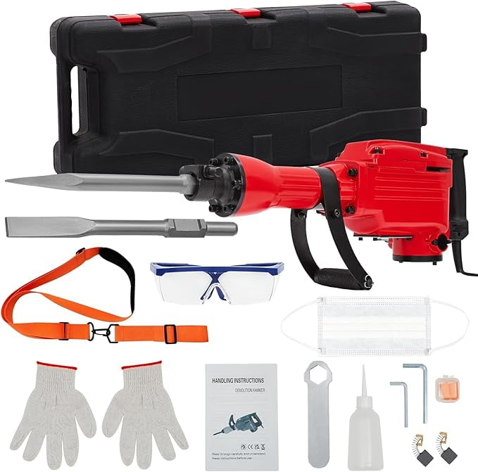 2200W Electric Jack Hammer Demolition Tool Kit, 2-piece set, Jack Hammer Concrete Breaker, Jack Hammer, Demolition Hammer, Includes 2 Bits, Heavy-Duty Concrete Breaker, 65A