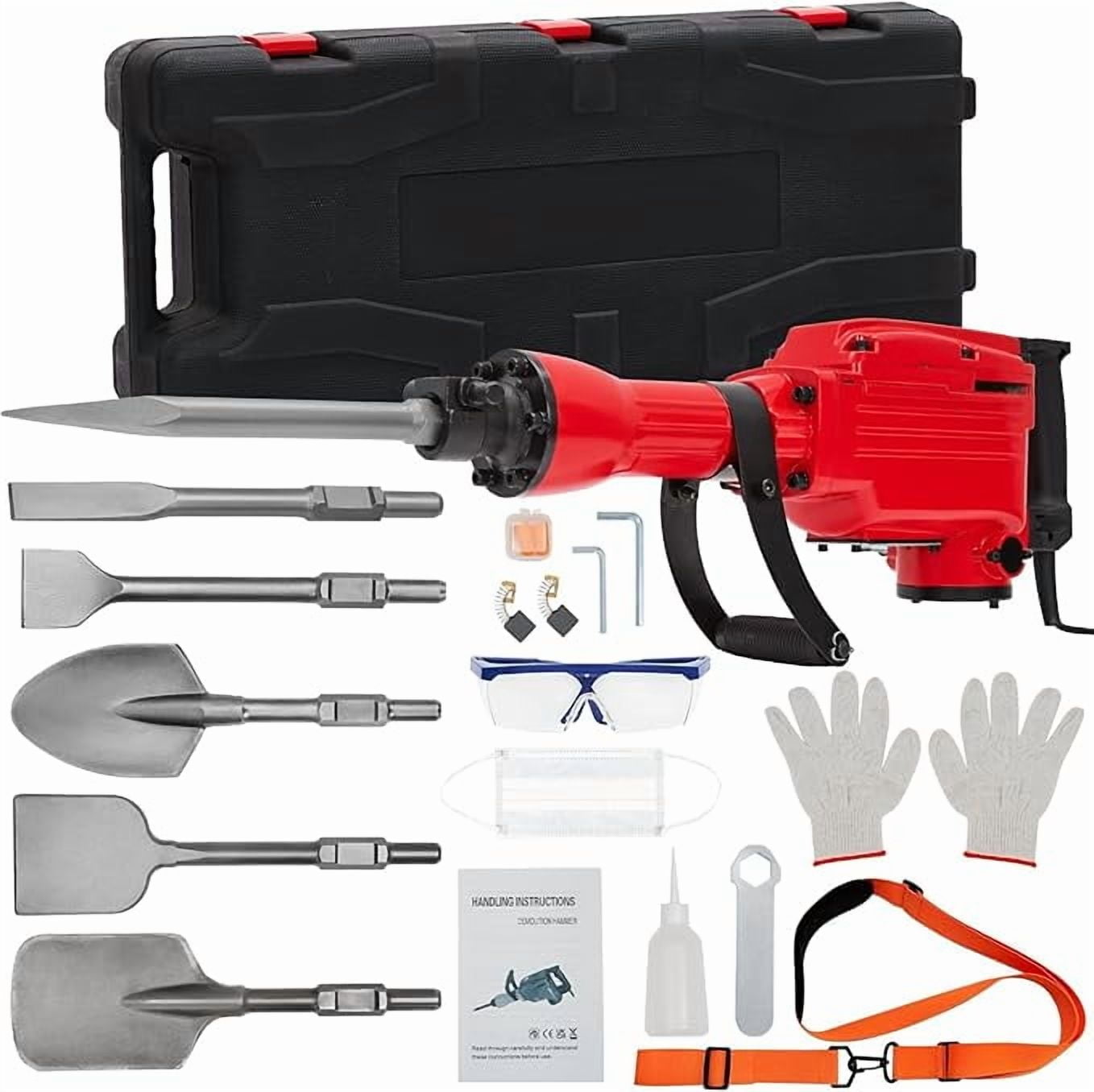 2200W Electric Jack Hammer Demolition Tool Kit, 6-piece set, Jack Hammer Concrete Breaker, Jack Hammer, Demolition Hammer, Includes 2 Bits, Heavy-Duty Concrete Breaker, 65A