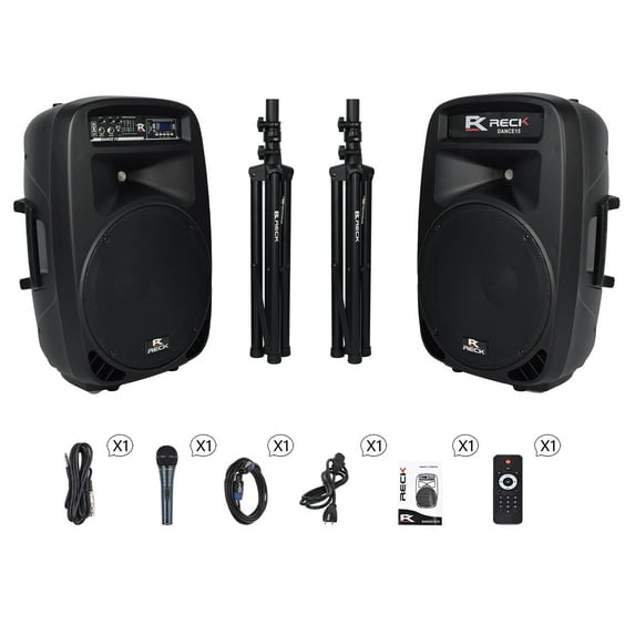 2200W High-Strength PRORECK DANCE 15 15" Full Range Powered PA Speaker Set with Bass Enhancement, 110V/230V Conversion, USB/SD Reader, FM Radio, Remote, and Stand