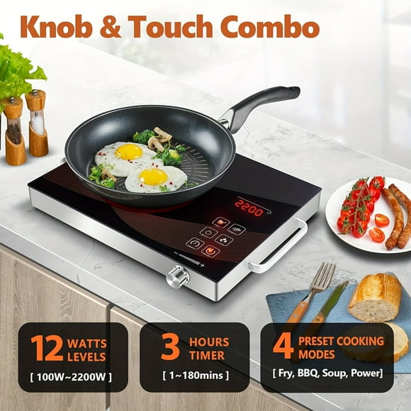 2200W Portable Electric Ceramic Cooktop & Induction Stove - Infrared Heating Plate with Adjustable Temp, Dual Controls (Touch/Rotary/Mechanical Buttons), Compatible with Most Cookware