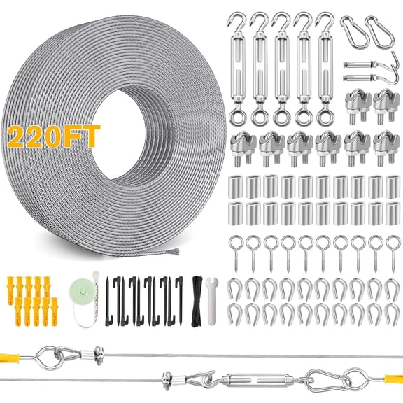 220FT 1/16 Inch Vinyl Coated Stainless Steel Wire Rope Hanging Kit with Turnbuckles