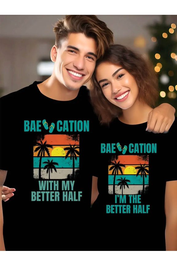 220G Print Round Collar Men'S And Women'S Short-Sleeved T-Shirt, Valentine'S Day Fun Holiday Travel Print, 1 Couple Fashion Casual Sports Loose T-Shirt, a Certain Thickness, As