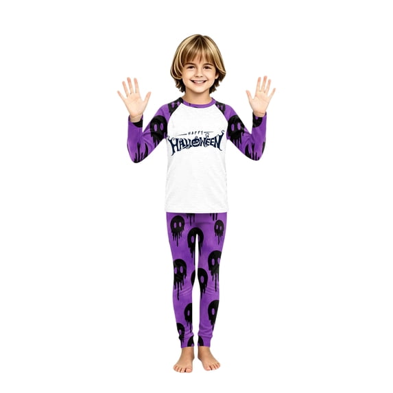 220GSM Purple Drip Ghost Raglan Family Pajamas, Happy Halloween Matching Loungewear for Family Holiday Photos(Boy6 Years)