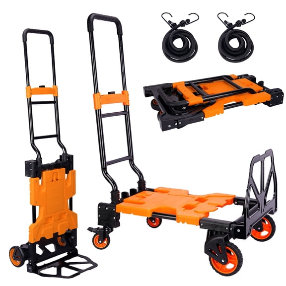 220LB Folding Hand Truck Moving Dolly, Hand Trucks Heavy Duty Combination of 4 Wheels and 2 Wheels Convertible Dolly Cart with Retractable Handle Dolly for Moving Office Carts(Orange)