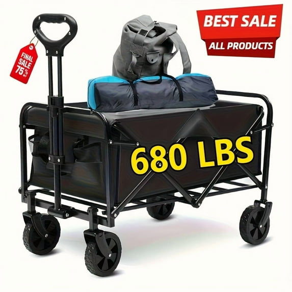 220LBS/ 450LBS/ 680LBS All Terrain Heavy Duty Folding Cart, Large Capacity Camper Suitable for Yard Shopping/ Sports/ Outdoor/ Gardening Equipment Handling, Black Utility Cart, Gardening Transport,