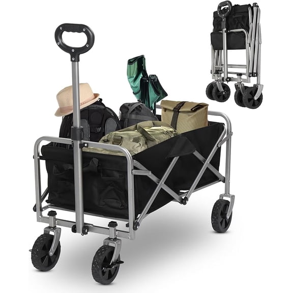 220LBS Collapsible Folding Wagon Cart, Heavy Duty 600D Oxford Fabric Utility Cart with Steel Frame, Portable Foldable Garden Wagon for Camping, Grocery, Beach, Sports, Shopping, Outdoor, Black