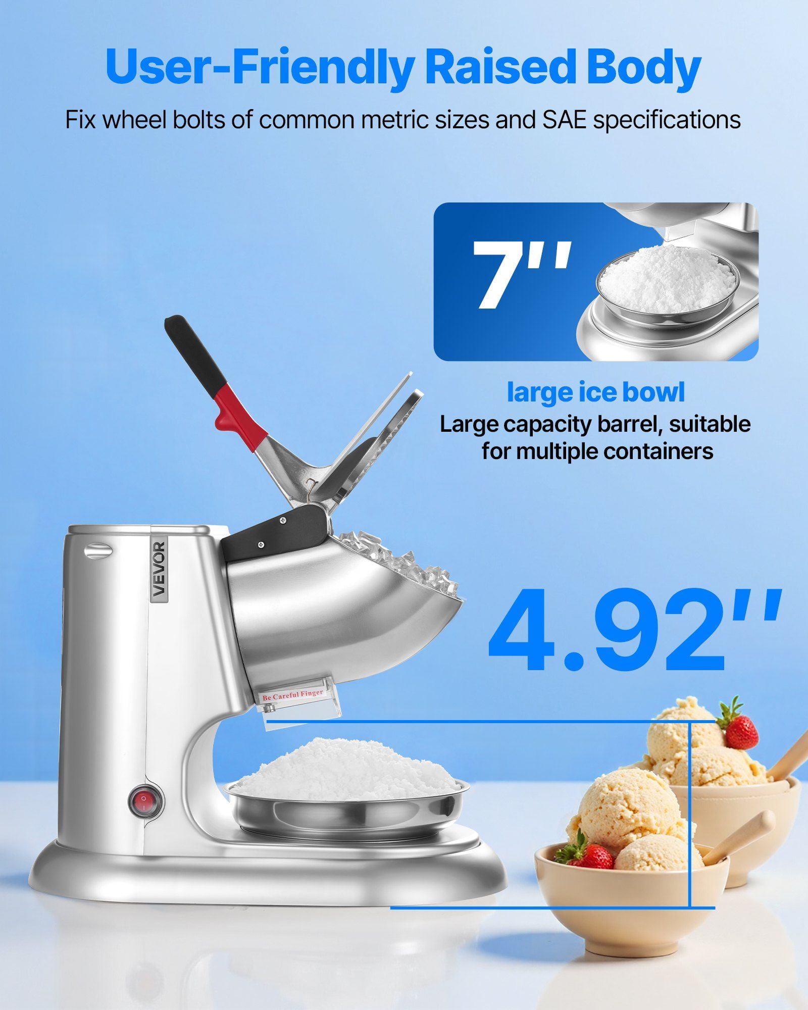 Electric Ice Crusher and Shaver Machine, 220LBS per Hour, Perfect for Snow Cones, Slushies, Cocktails, and Shaved Ice, Silver Finish