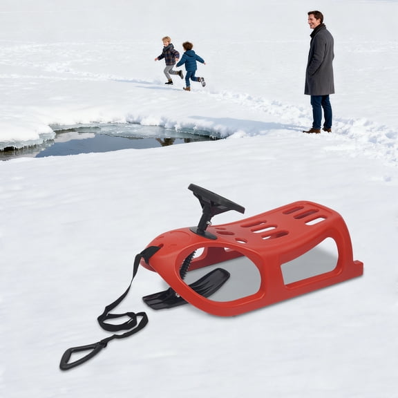 220Lbs Capacity Outdoor Toddler Sled Winter Sleigh w/ Steering Wheel & Pull Rope